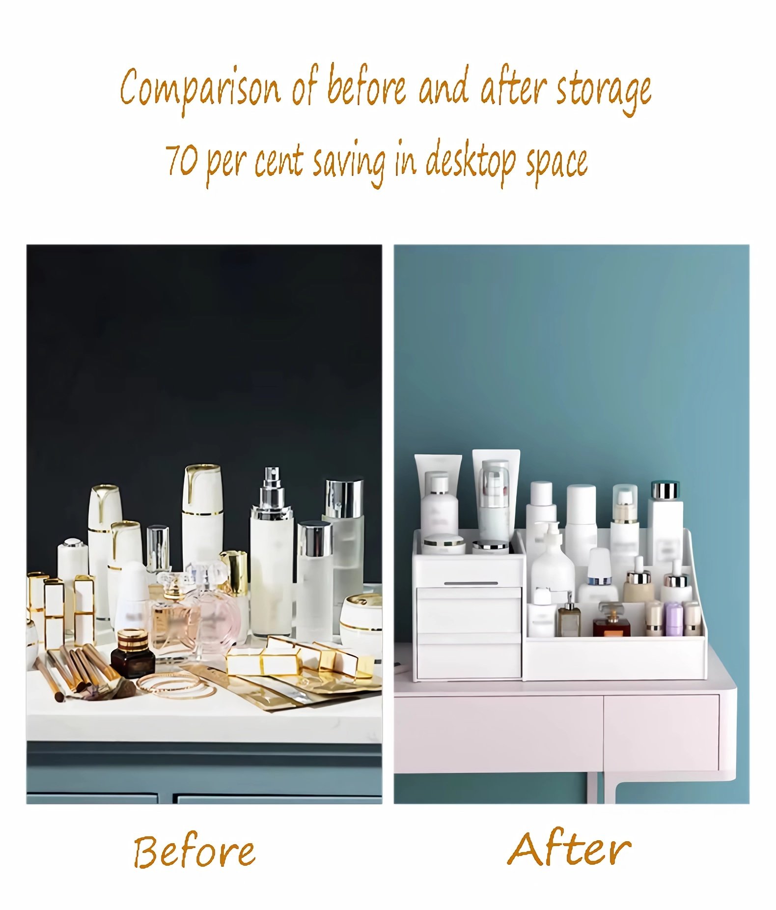 comparison of before and after storage 70 per cent saving in desktop space-Cosmetic with Drawer Multi-Functional Storage